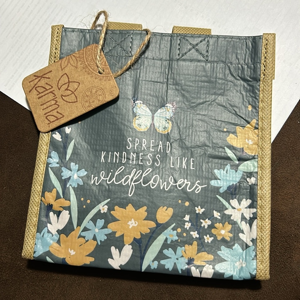 🩶5/$30 Karma Floral & Butterfly Blue & Yellow Small Reusable Gift Tote Bag NEW